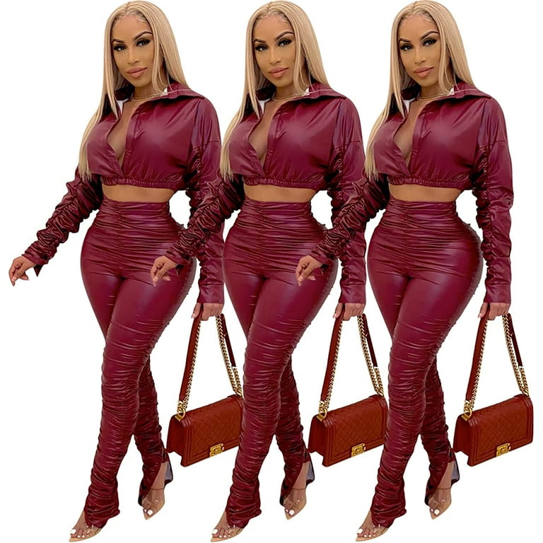 Two Piece Set Women Tracksuit Ruched Top Stacked Pants Sweat Suits