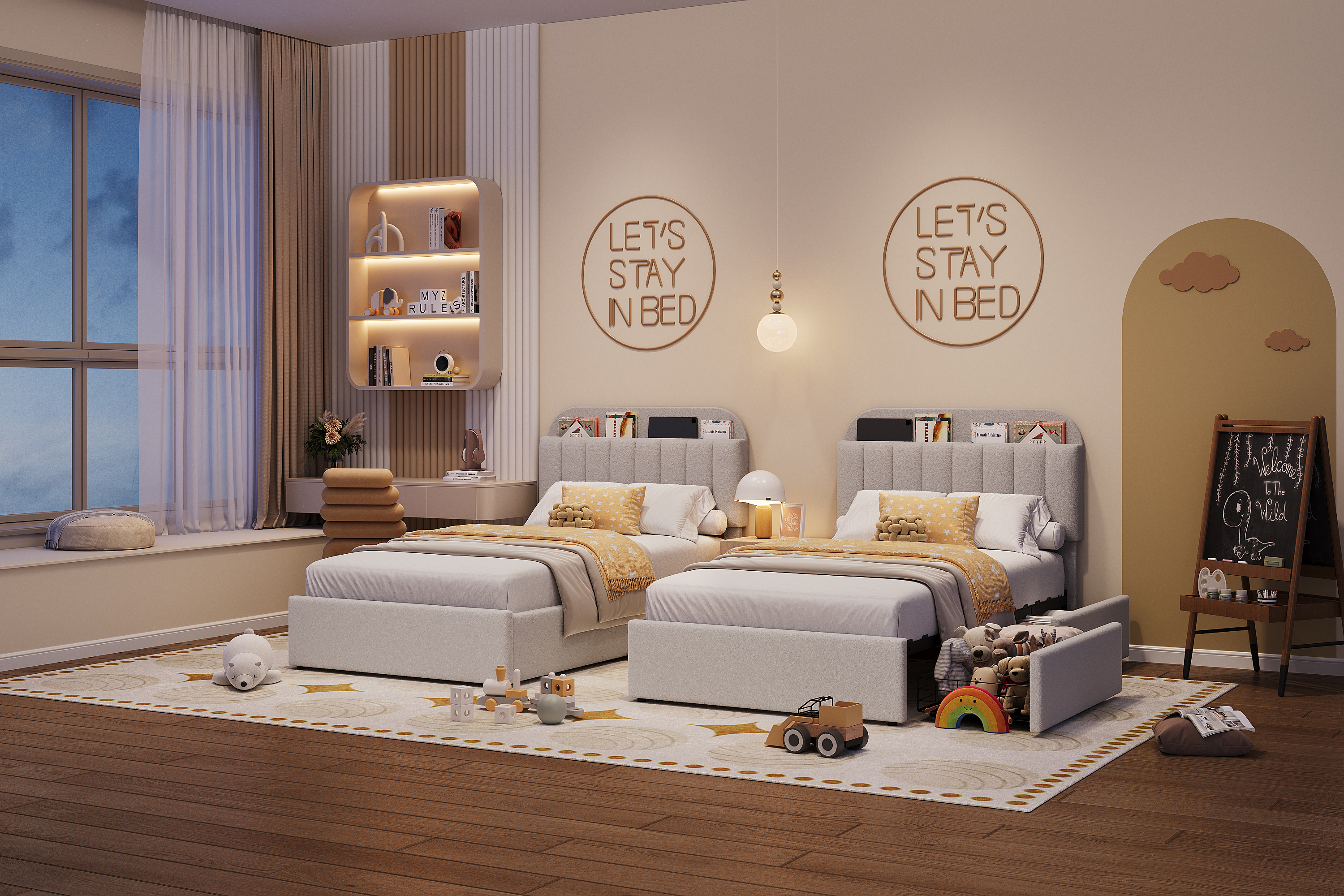 TWIN Platform Bed with Bookcase Headboard & Drawers – Modern Boucle Upholstered Frame, No Box Spring, Easy Assembly Bedroom Furniture