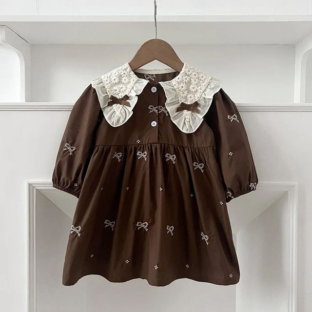 Vestido de primavera para hermanas, Body con lazo para niñas coreanas, bordado de encaje, solapa Floral, vestido de princesa, ropa para niños