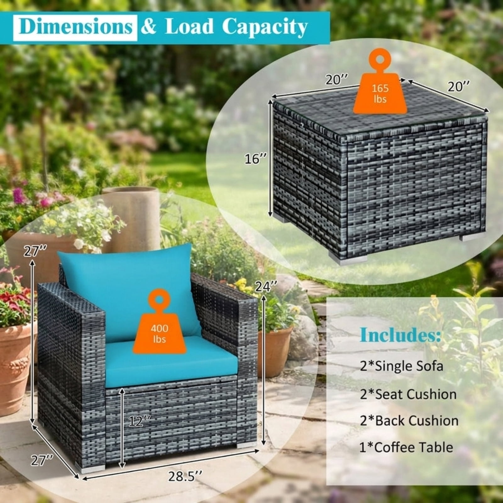 Furnibear 3 Pieces Patio Rattan Furniture Bistro Sofa Set Outdoor Conversation Set with Cushioned Chairs and Glass Table, Mix Gray