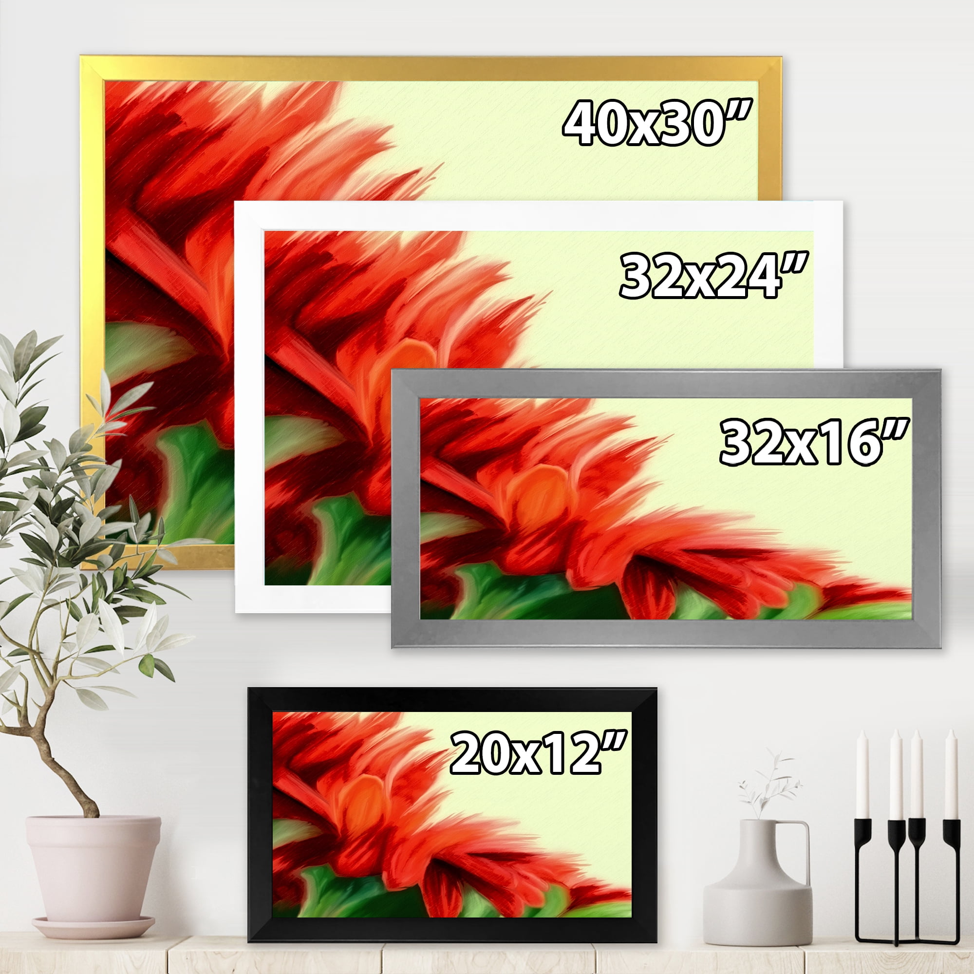 Designart 'Red Floral Brush Strokes On Green' Traditional Framed Art Print