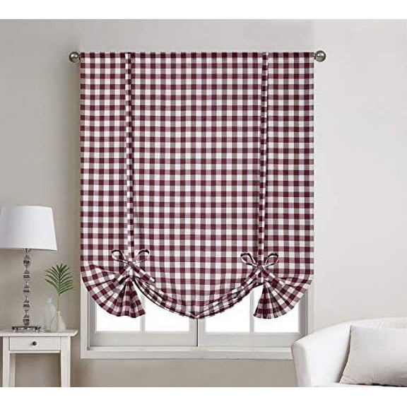 1 Piece Buffalo Check Plaid Gingham Rod Pocket Window Tie Up Shade Curtain Panel (42" X 63", Burgundy/Beige)