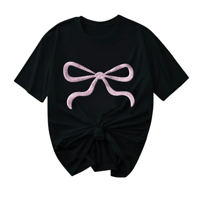 Primavera Top Mujeres Moda Casual Nueva Cinta de Arco Impresa Cuello Redondo Camiseta de Manga Corta, Camiseta de Cuello Tripulado