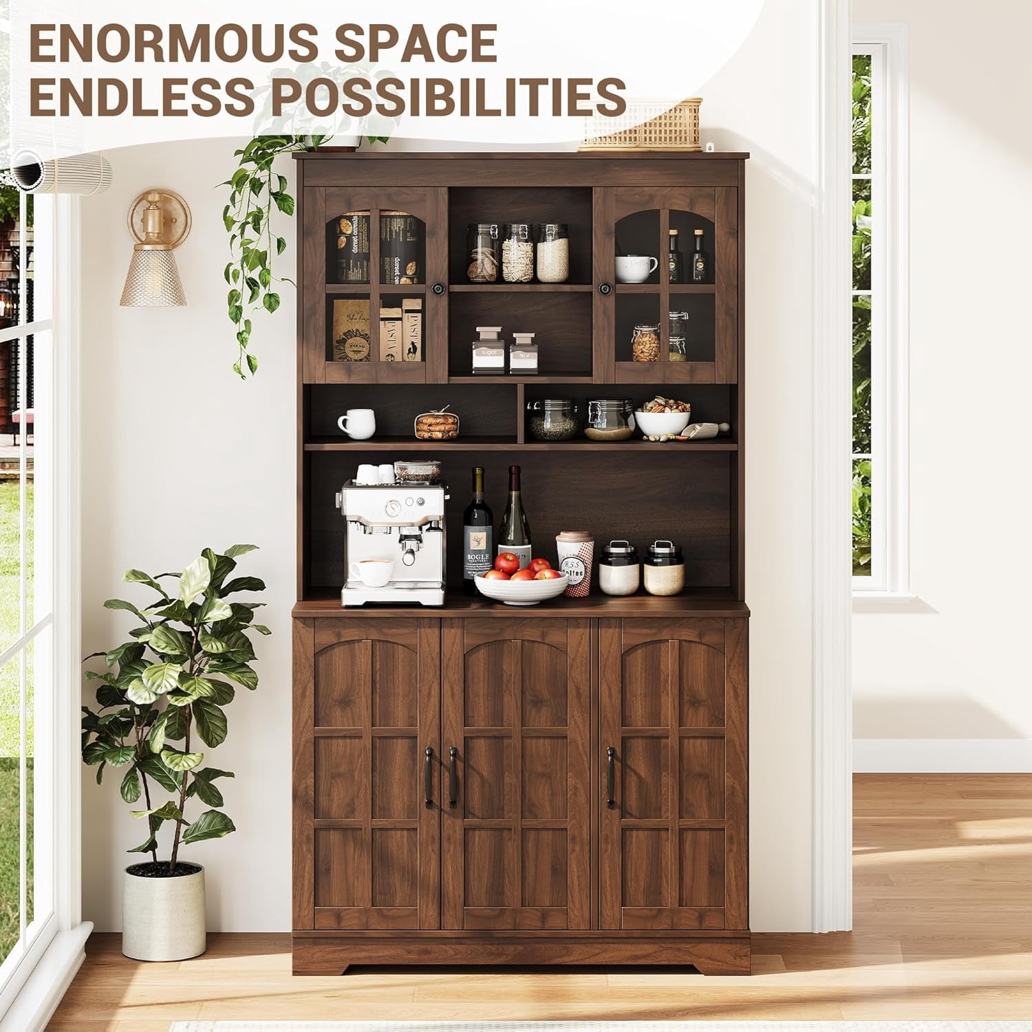 Pantry Cabinet with Charging Station, Tall Kitchen Pantry Storage Cabinet with Hutch,70.9 Inch Kitchen Cabinet with Glass Doors, for Dining Room