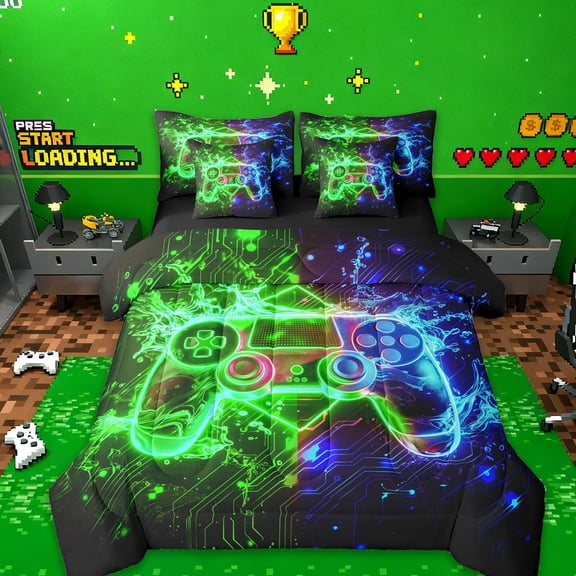 jejeloiu Gaming Bedding Comforter Set 7pcs,3D Game Controller Queen Bedding Sets, Queen Bedding Sets,Gradent Green Blue Queen Sheet Sets For Teens,Microfiber Room Decor Reversible