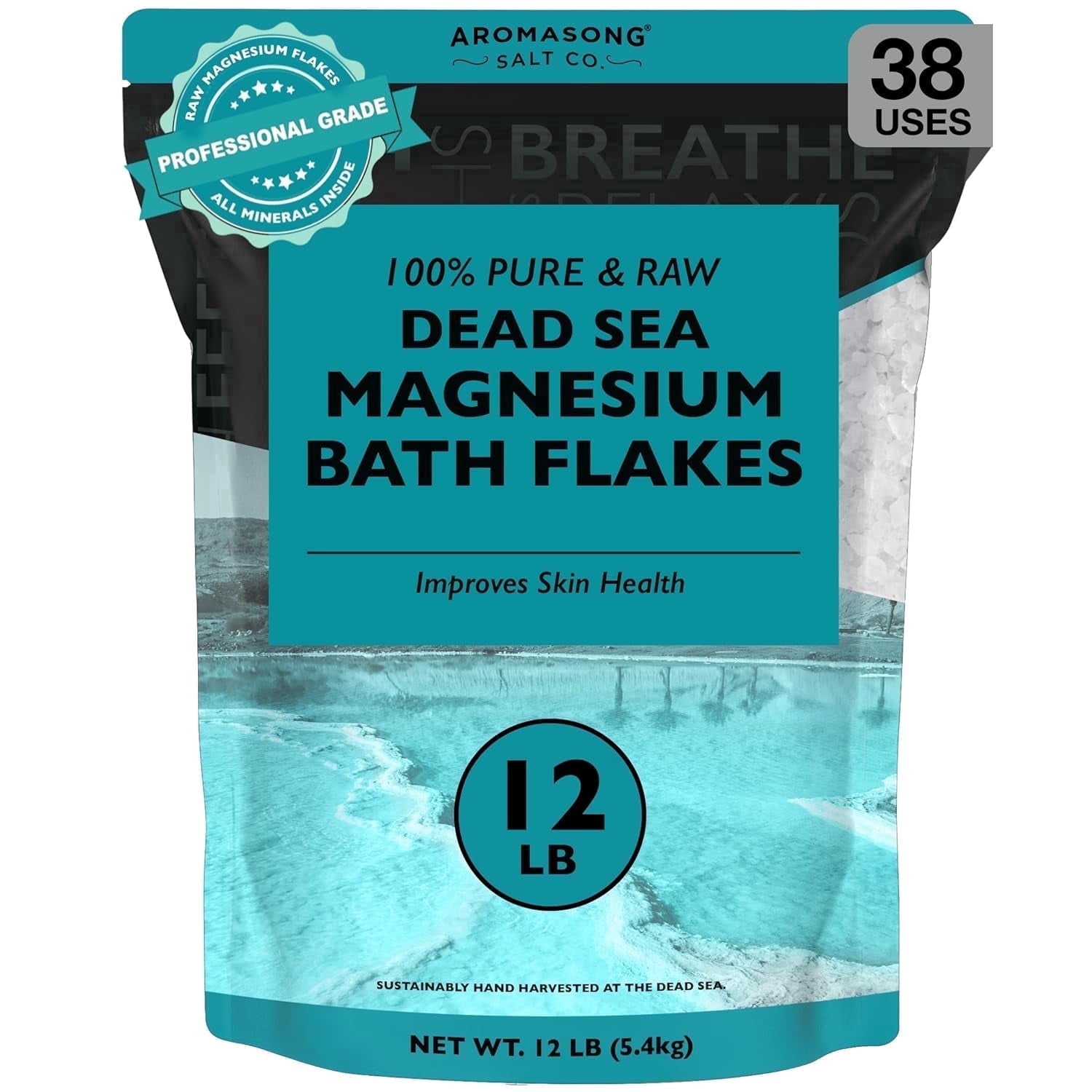 Aromasong Raw Magnesium Flakes for Bath, Dead Sea Magnesium Chloride Bath Salt, Unscented Mineral Soak, 12 lb