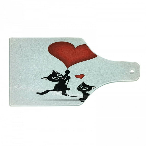 Valentines Day Cutting Board, Cat Holding Heart Shaped Baloons Romantic Love Themed Illustration, Decorative Tempered Glass Cutting and Serving Board, Wine Bottle Shape, Vermilion Black, by Ambesonne