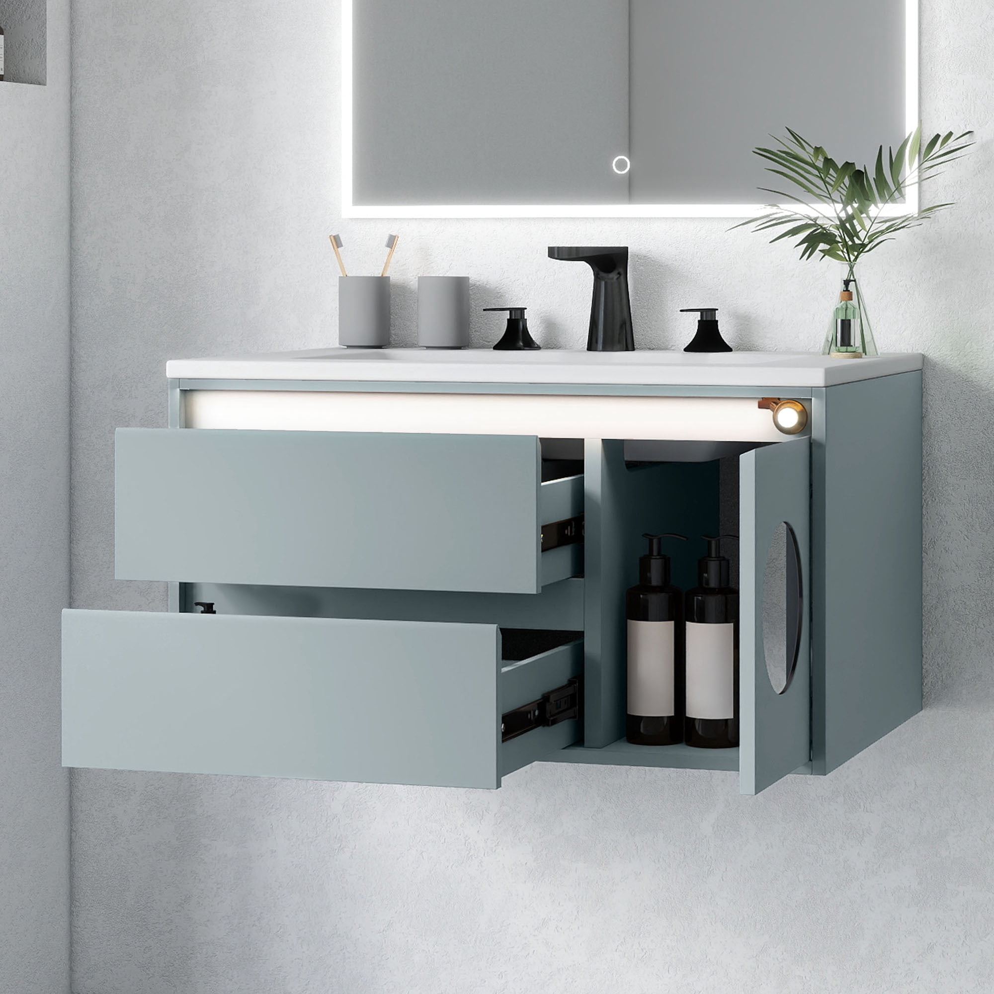 Uforic 31" LED Floating Vanity with Sink, Grey Bathroom Vanity with Sensor Light & Mirror, Wall Mounted Bathroom Storage Cabinet with 2 Large Drawers & Door