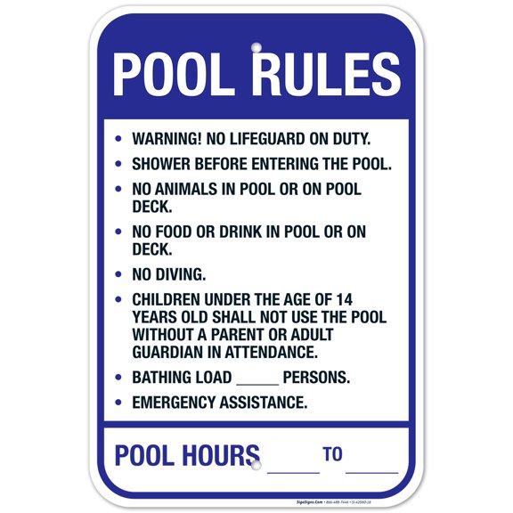 Pool Rules Pool Sign, 12x18 Aluminum
