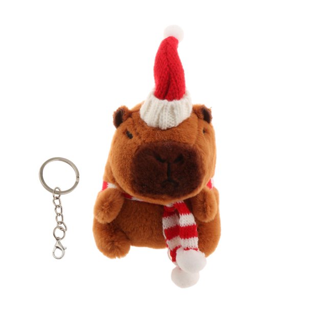 Llavero de peluche de capibara navideño, juguete suave, adorno portátil, animales de peluche para bufanda blanca redonda
