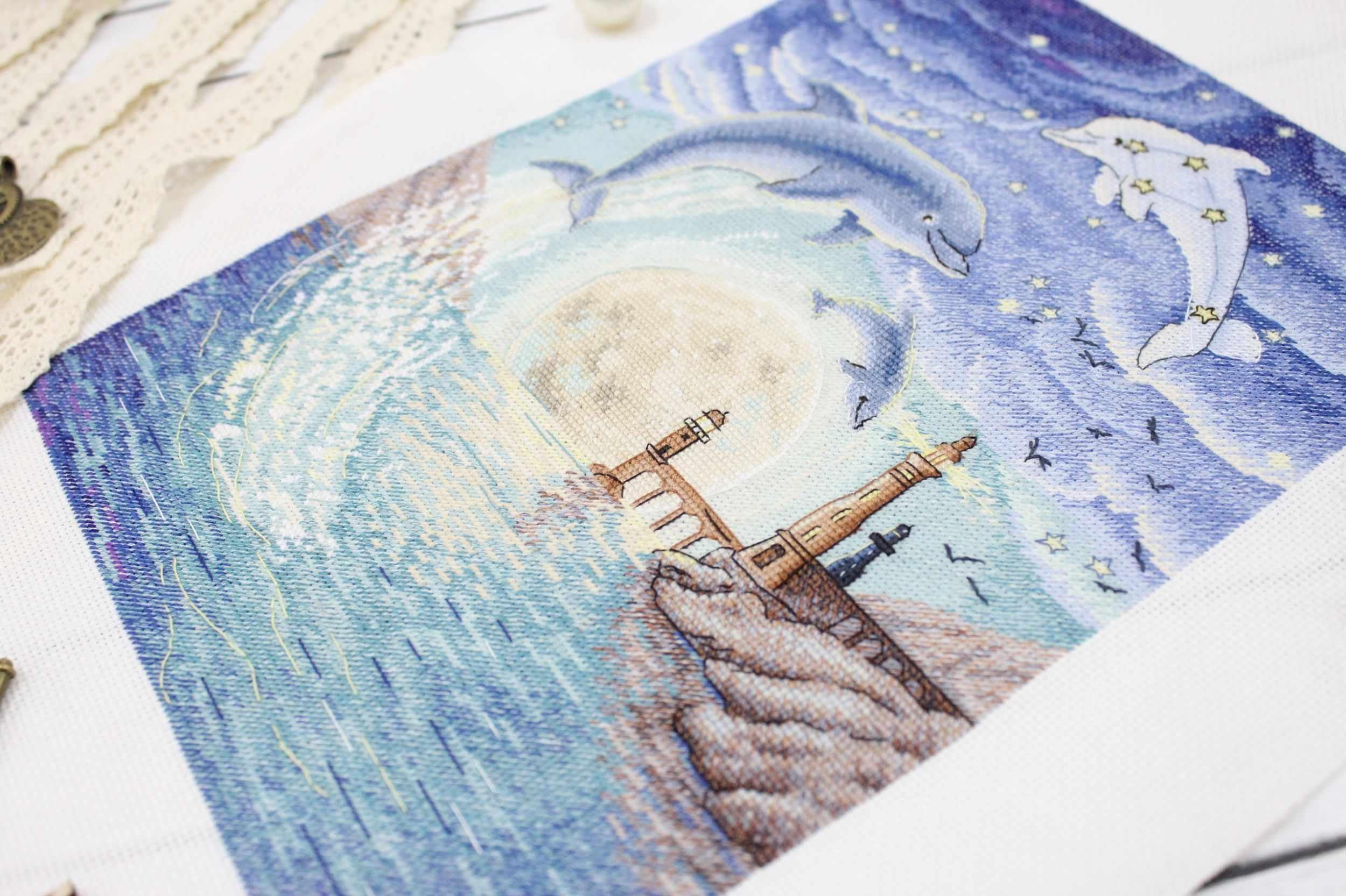 Counted Cross-Stitch Kit Moon Bay SNV-673  Dolphin Needlework Sea Blue By MP Studia