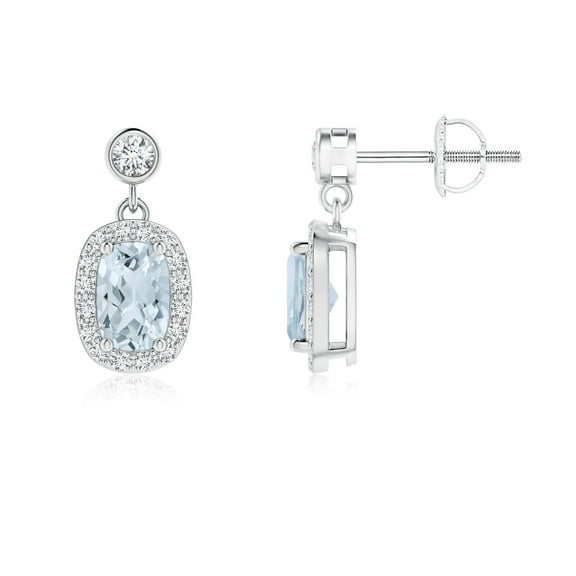 ANGARA Natural Cushion 1 ct Aquamarine Dangle Earrings with Diamond Halo in 14K White Gold for Women (Size-6x4mm) | March Birthstone, Anniversary, Jewelry Gift for Women | Natural Aquamarine Earrings