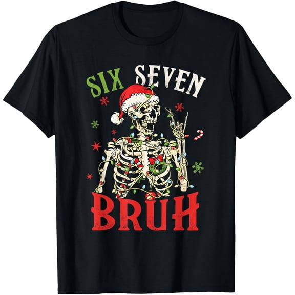 67 Christmas Funny Six Seven Bruh Meme Skeleton Santa Claus Adult T-Shirt
