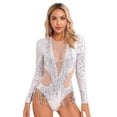 thumbnail image 4 of Traje de baile latino para mujer, traje de lentejuelas brillantes de manga larga con borlas, leotardo, Ropa de baile, mono transparente con cuello falso y espalda abierta, 4 of 5