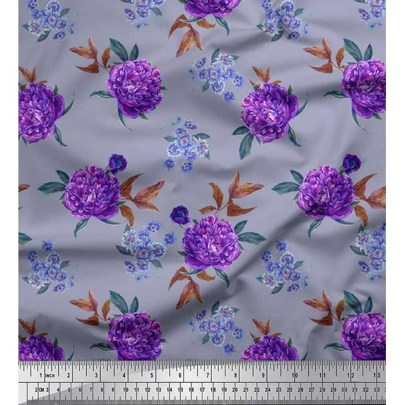 Soimoi Grey Cotton Voile Fabric Leaves & Peony Floral Printed Fabric 1 Yard 42 Inch Wide