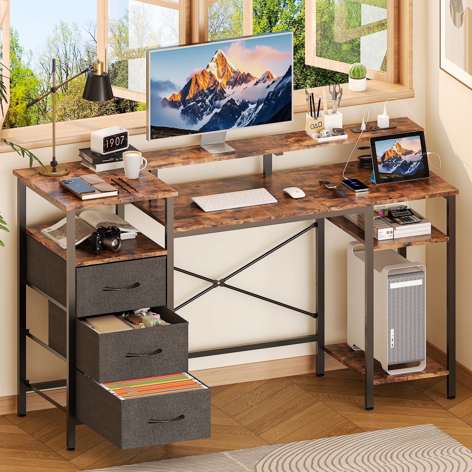 Ktaxon L-Shape Computer Desk with Charging Station 47 Inch Gaming Desk Concer PC Laptop Table with Drawers & Storage Shelves Workstation, Brown