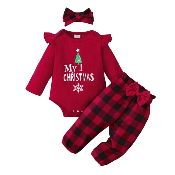 GobdXE Baby Girl My First Christmas Outfit Long Sleeve Ruffle Bodysuit Plaid Pants Headband 3Pcs Xmas Winter Clothes Set Size:3-6 Months