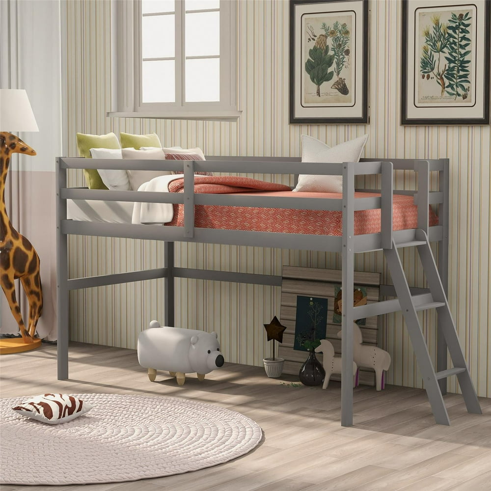 Loft Bed Twin, Classic Wood Low Loft Bed w/Guard Rail & Ladder, Kids