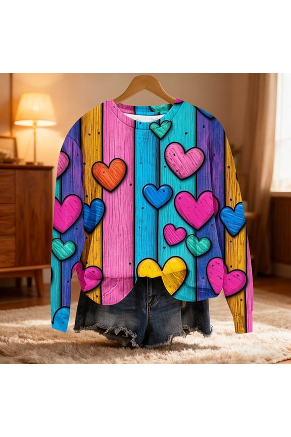 Womens Shirts Spring Fall Ladies Tops Graphic Crew Neck Casual Valentine's Day Sky Blue Long Sleeve Shirts for Women Size 2XL