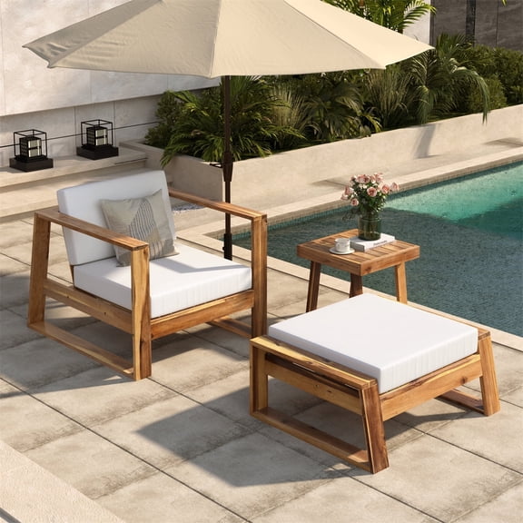 HighSound 3 Piece Patio Chaise Lounge Set with Acacia Wood Chair, Side Table & Ottoman, Outdoor Pool Chair Set for Patio Poolside Backyard Porch, Beige Cushion