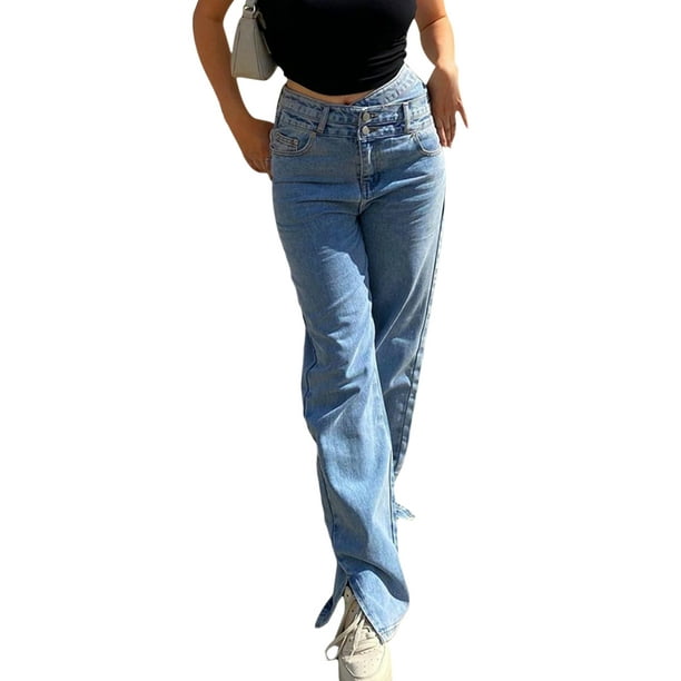 ZAXARRA Women Wide Leg Jeans, Wrap High Waist Relaxed Fit Split Denim Pants  