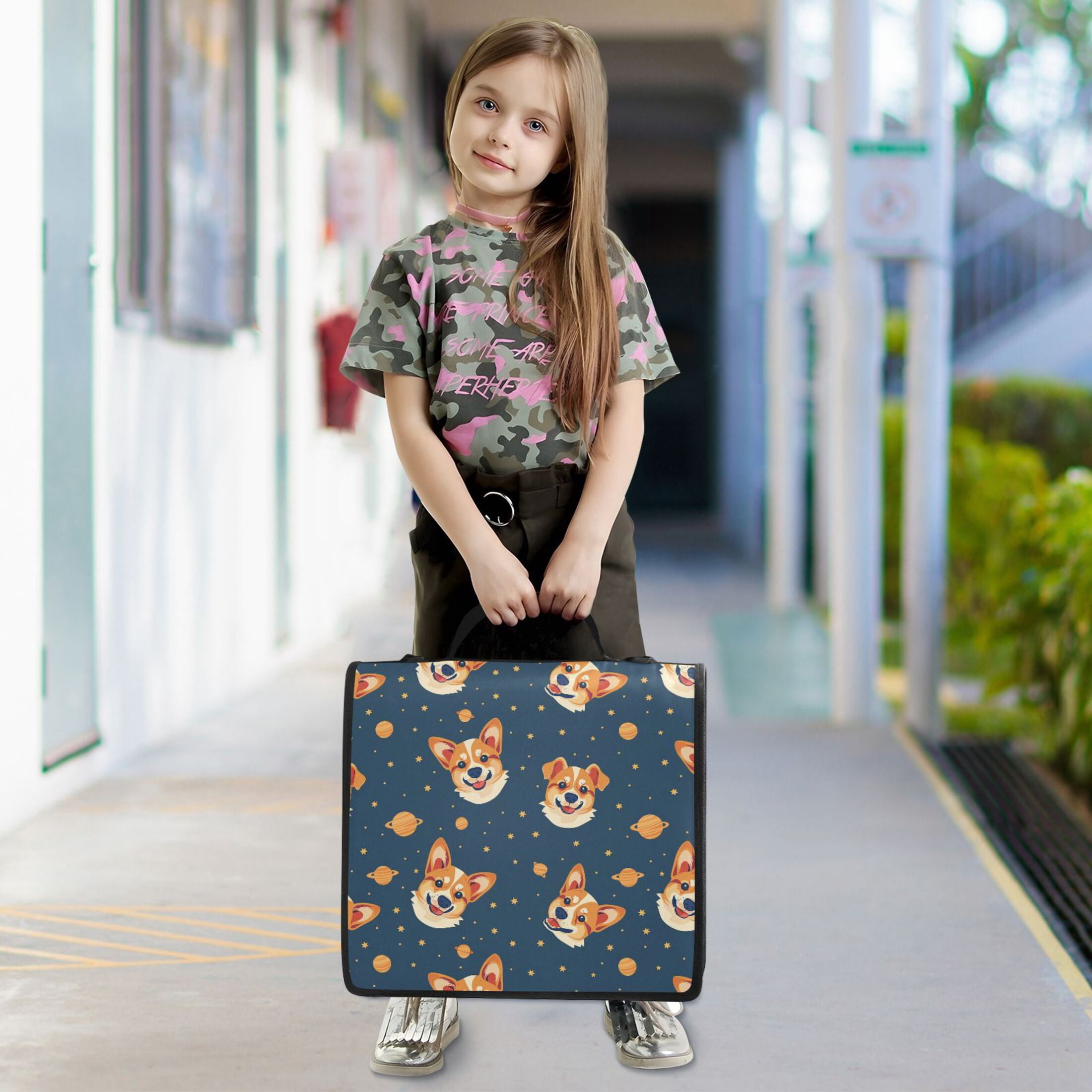 3 Ring Zipper Binder with Shoulder Strap Waterproof Trapper Keeper 2 Inch D-Ring 500 Sheets Capacity Corgi Dog and Planet