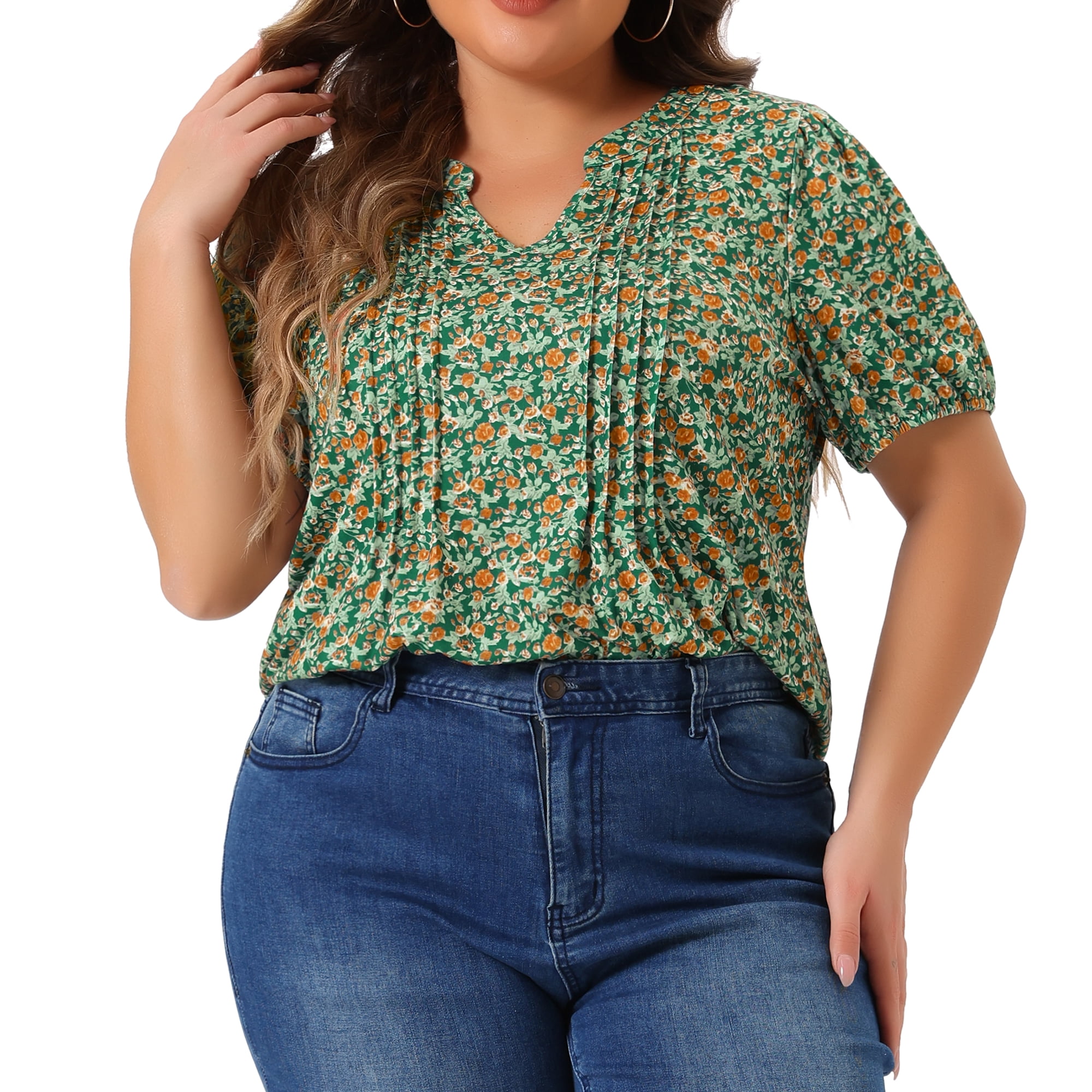 Women's Plus Short Sleeve Pleated T-Shirts Notched V Neck Floral Tops 4X Green