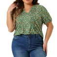 thumbnail image 2 of DARING DIVA Women's Plus Pleated T-Shirts Notched V Neck Floral Tops 1X Green, 2 of 6