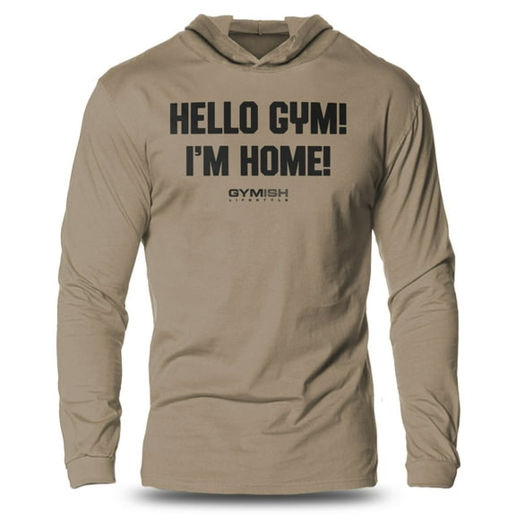 GYMISH Hello, Gym! I'm Home! Lightweight Long Sleeve Hooded T-Shirt for Men – Funny Gym Hoodie, Workout Shirt for Fitness Enthusiasts