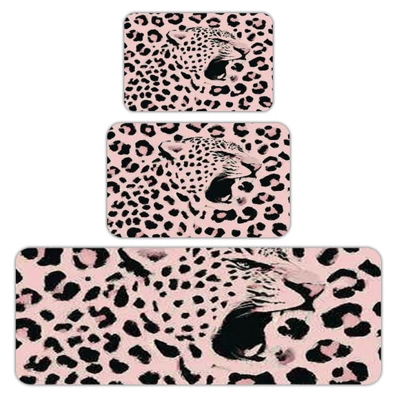 RKSupls Kitchen Rug Set 3 Piece Anti-Slip Flannel Floor Mats, Leopard Pink Pattern Washable Absorbent Runner Mats for Kitchen Bathroom Home Decor