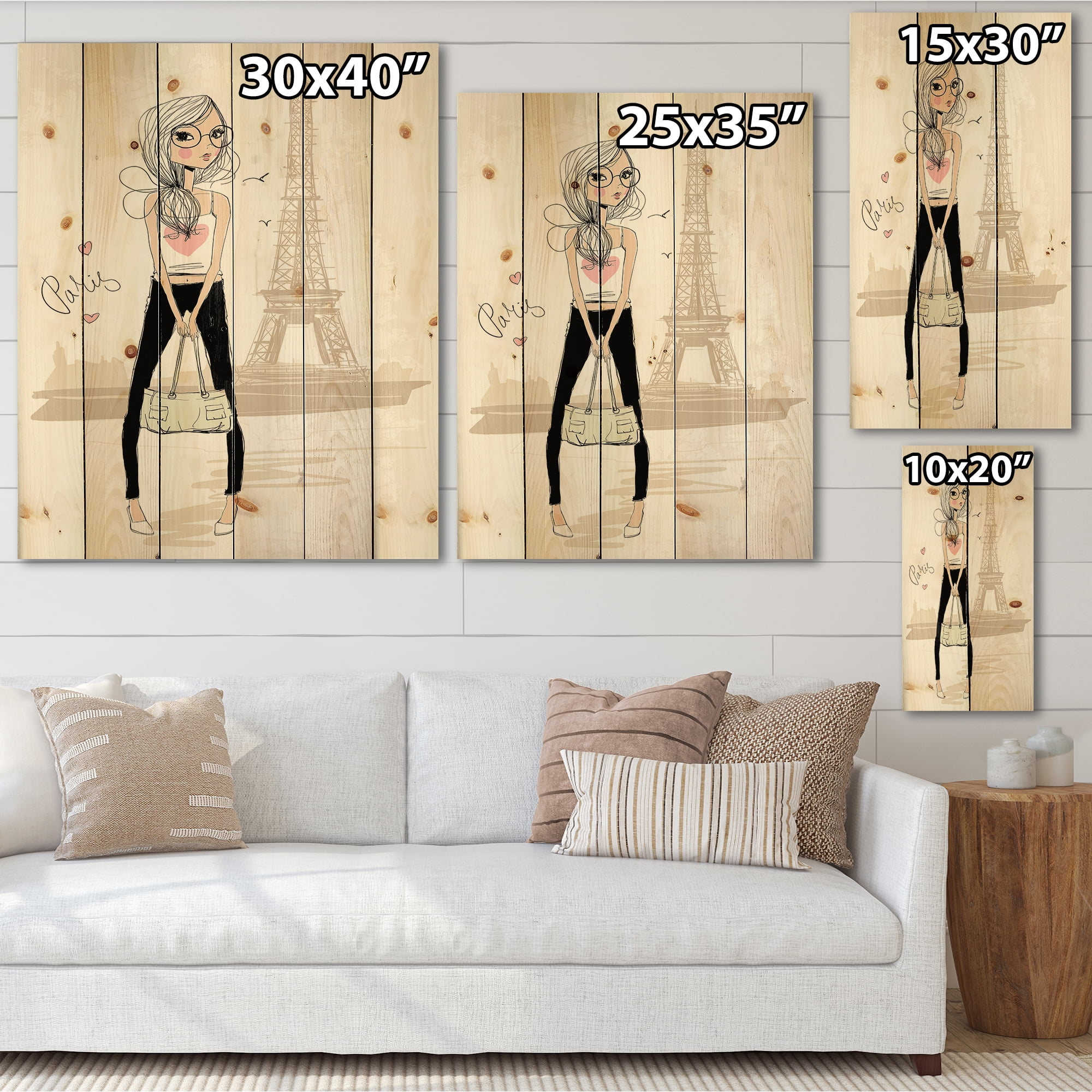 Designart 'Cute Girl By The Tour Paris Eiffel Tower' Children's Art Print on Natural Pine Wood