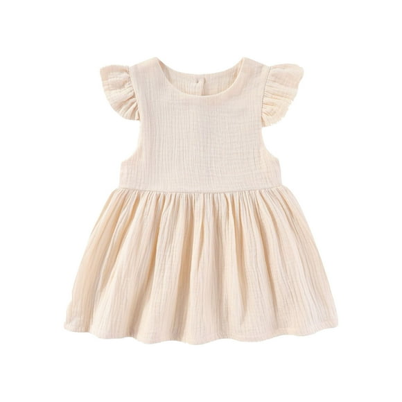 Robe pour Filles Tout-Petits Bébés Filles Été Manches Volantées Vacances Fête Robe Unie Décontractée Robe de Danse Fête Robes de Princesse Robes pour Enfants Beige 3 Ans-4 Ans