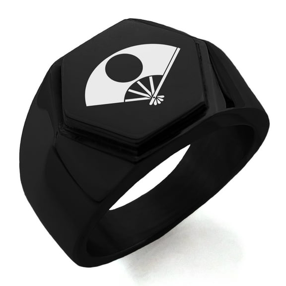 Stainless Steel Satake Samurai Crest Engraved Hexagon Crest Flat Top Biker Style Polished Ring