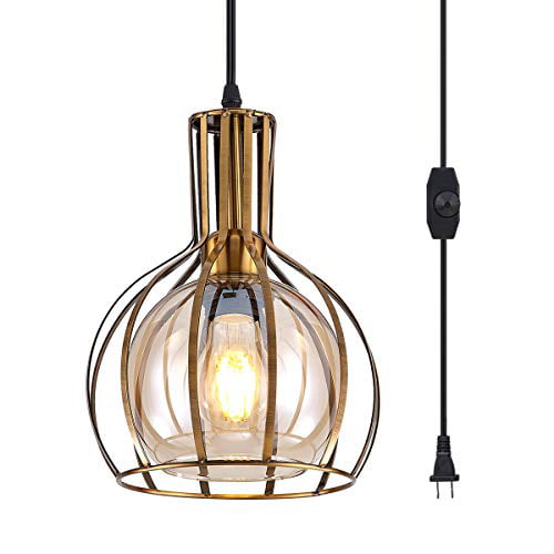 Ylong Zs Hanging Lamps Swag Lights Plug In Pendant Light With On Off Switch Wire Caged Lamp Bronze Finish Amber Glass Inner Shade Canada - How To Connect Ceiling Light Plug