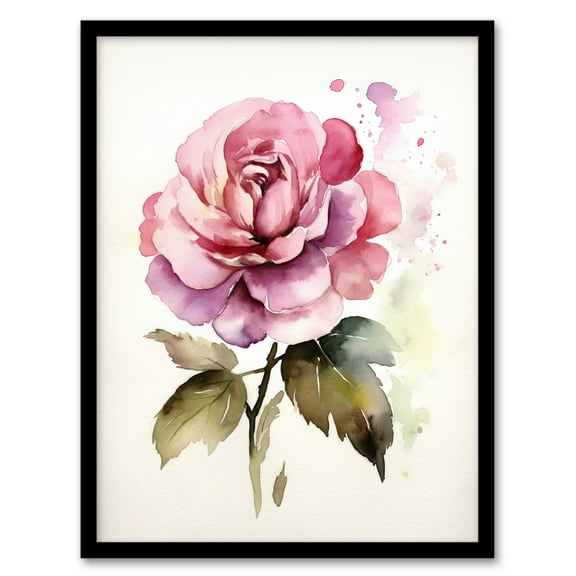 Pink Rose Bloom Simple Watercolour Painting Single Flower Valentines Love Nature Colourful Bright Floral Modern Artwork Art Print Framed Poster Wall Decor 12x16 inch
