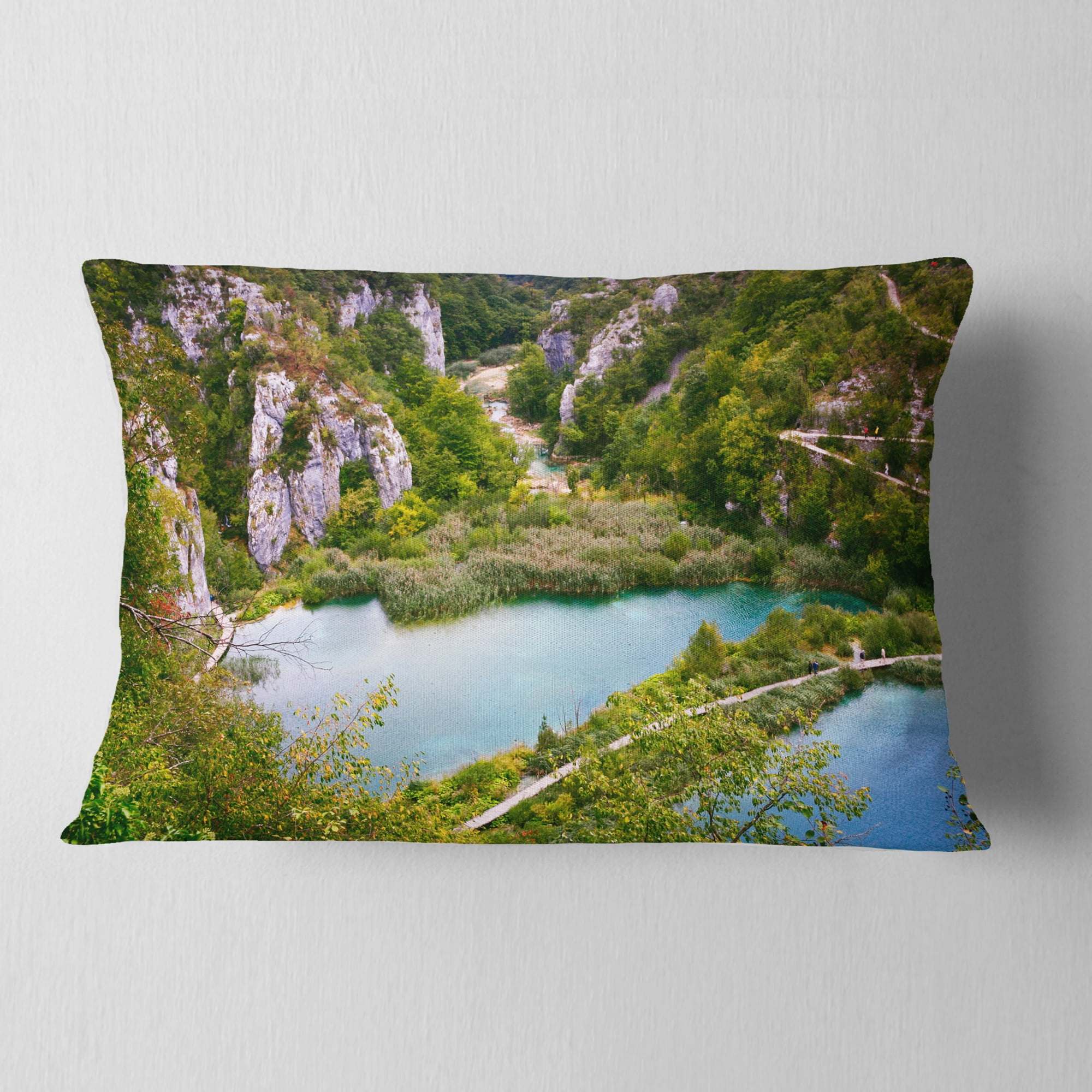 Designart Plitvice Lakes Long View - Landscape Photo Throw Pillow - 12x20