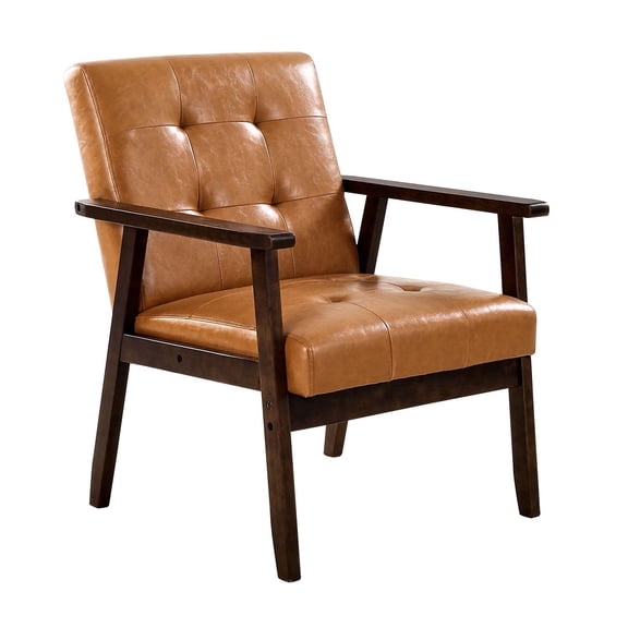 Mid Century Modern Accent Armchair Solid Wood Frame PU Leather Soft Cushion Non Slip Legs for Living Room Bedroom Office