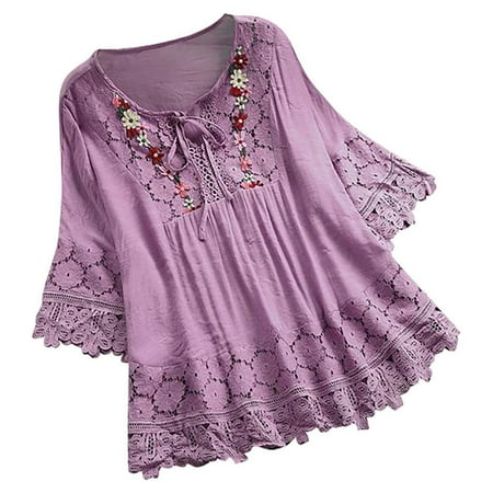 QLEICOM Womens 3/4 Bell Sleeve Blouse Summer Plus Size Crewneck Lace Tops Floral Textured Babydoll Shirts Purple M  US Size:14
