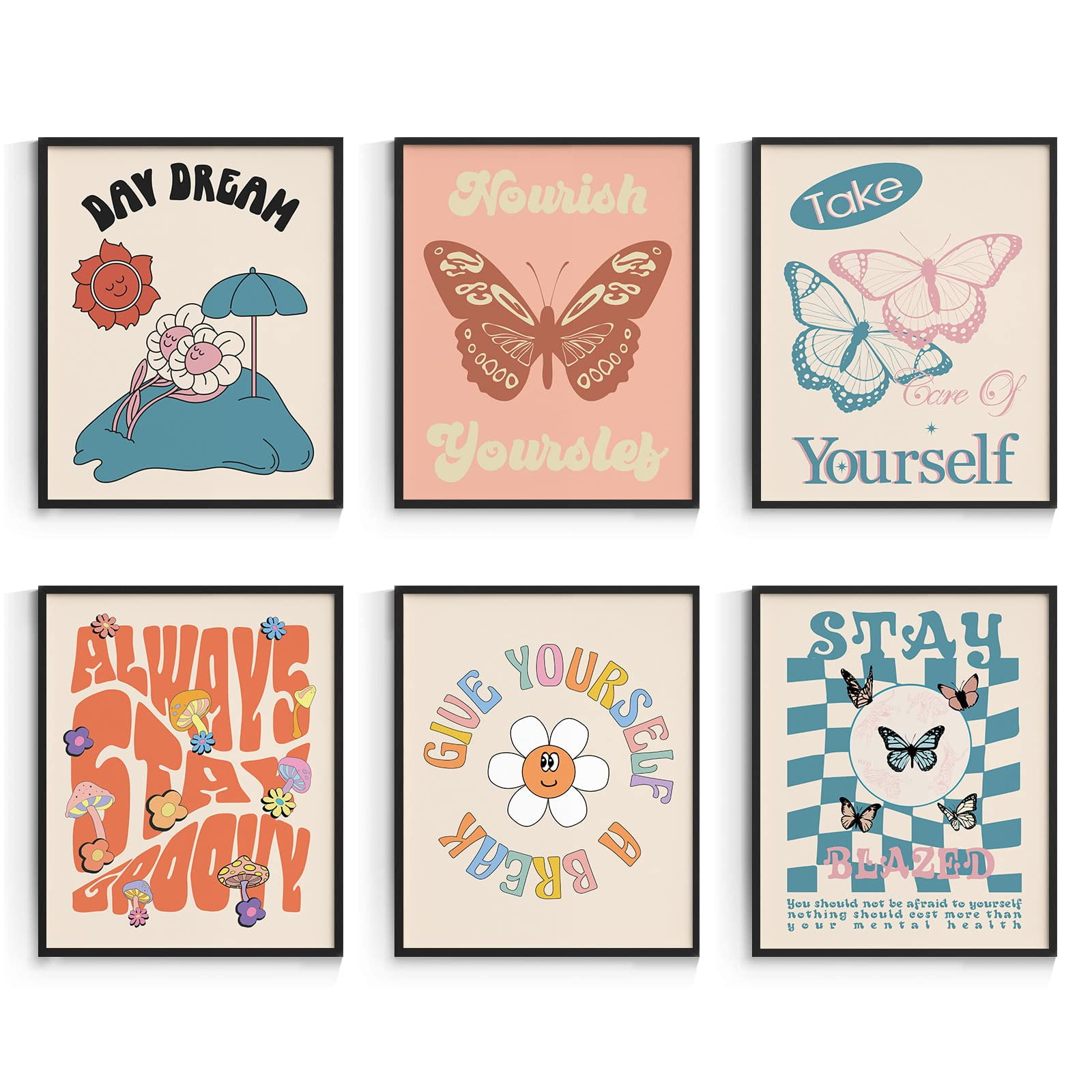 Butterfly 70s Wall Decor, Floral Hippie Market Posters for Room