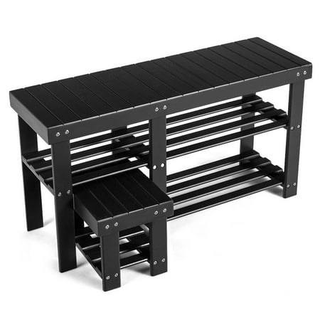 Costway Bamboo Shoe Rack Bench with Stool Entryway 3 Tier ...