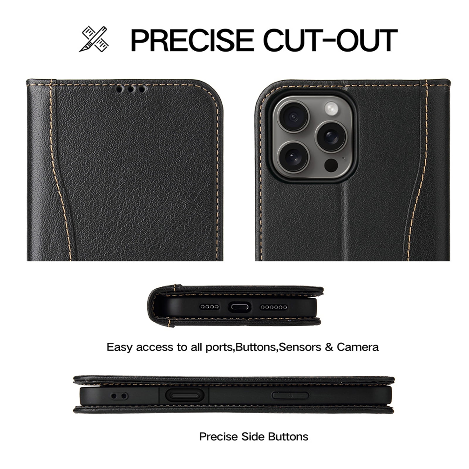 ShellTech for iPhone 16 Pro Leather Wallet Case,Luxury Genuine Vintage Leather [Slim and Durable] with Card Slot & Kickstand [Magnetic Closure] Flip Folio Case,Black