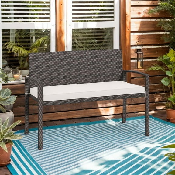 GVN Outdoor Bench, Outdoor Garden Bench,Wicker 2-Seat Bench with Soft Seat Cushion and Metal Frame-White