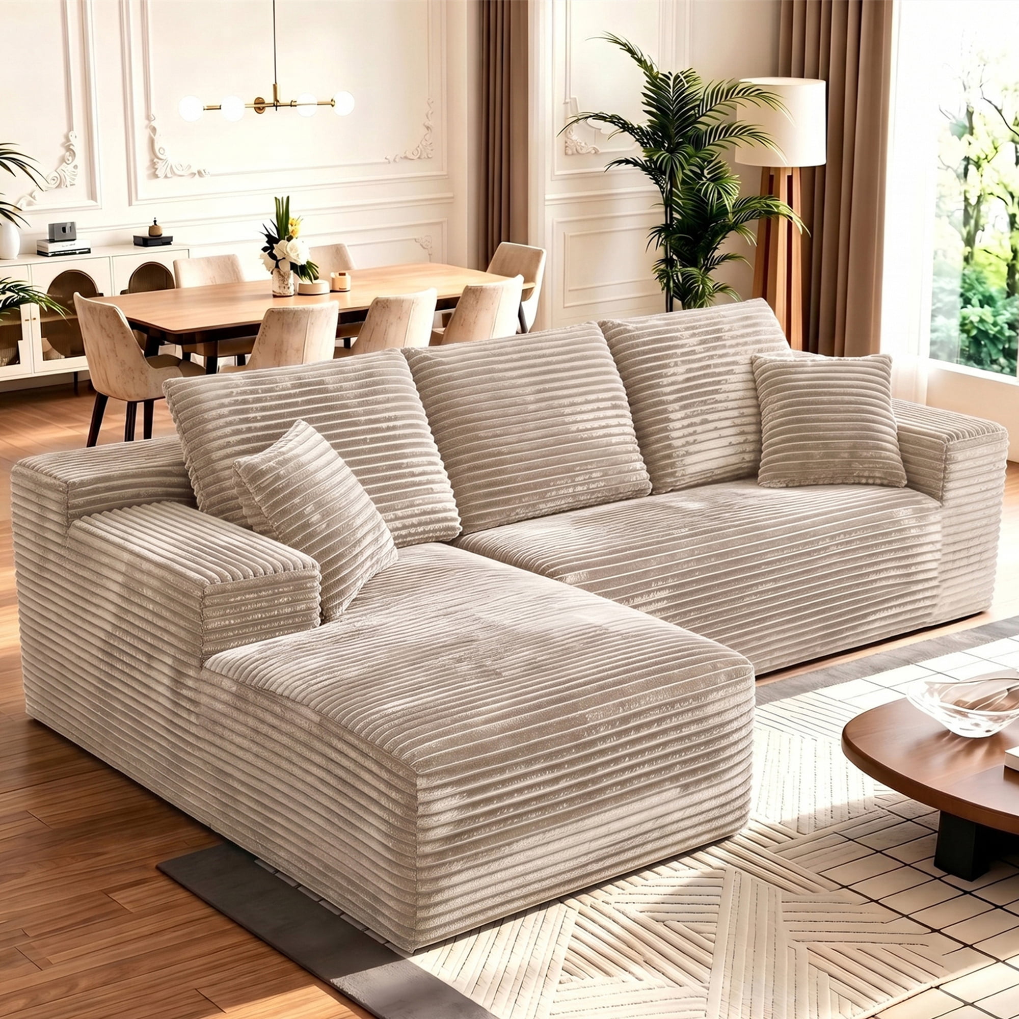 Aukfa 108" Cloud Sectional Sofa Deep Seat Boneless Couch Modular L-Shaped Couch, Left Chaise Corduroy Sofa for Living Room, Khaki
