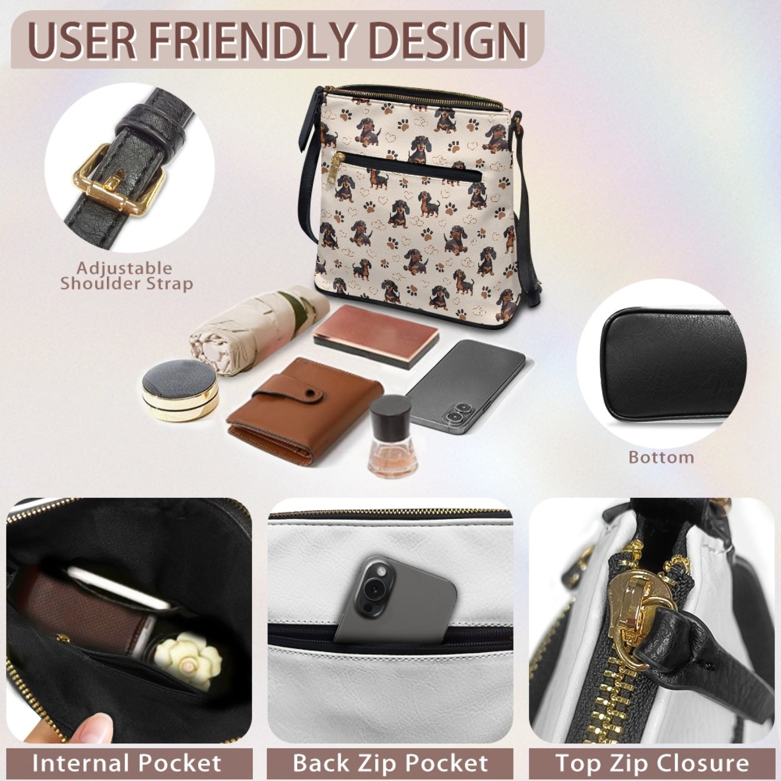 LedBack Dachshund Print Crossbody Satchel Bag for Women Lady, Heart Print Leather Hobo Bag with Adjustable Strap Sling Shoulder Handbag Soft Messenger Bag for Travel Shopping, Beige
