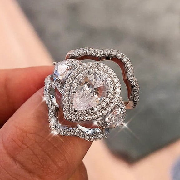 LINXIQIN Womens 14K White Gold Plated Ring with Cubic Zirconia Size 7 3 Piece Set
