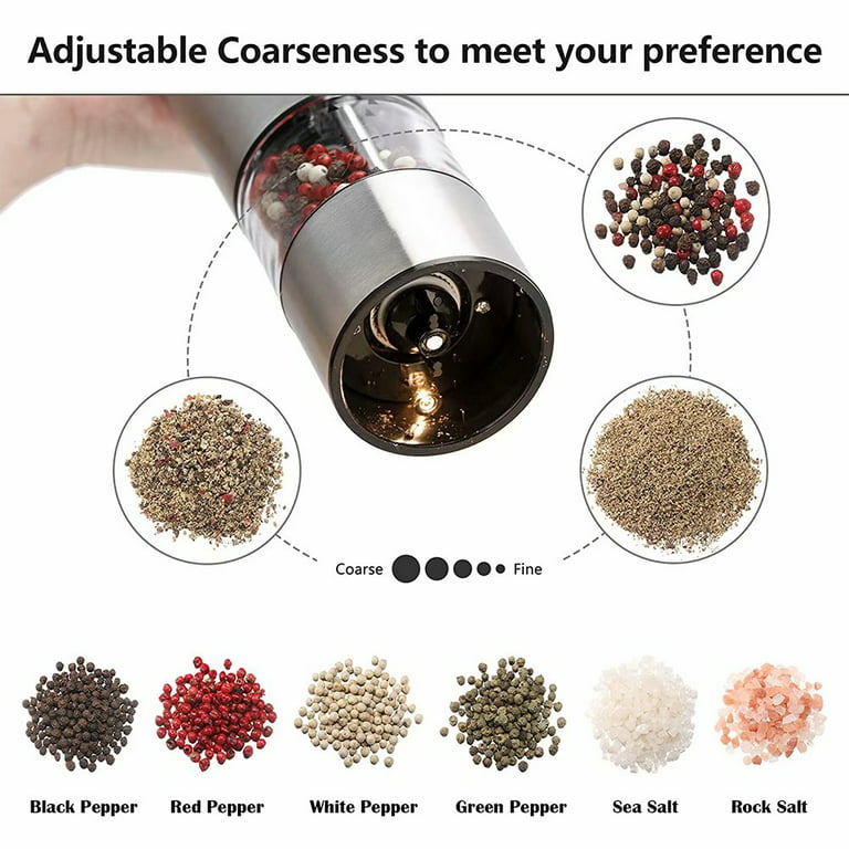 Electric Salt and Pepper Grinder Set, Battery Operated Stainless Steel Mill  with Light (Pack of 2 Mills), Bright Light, Adjustable Coarseness 