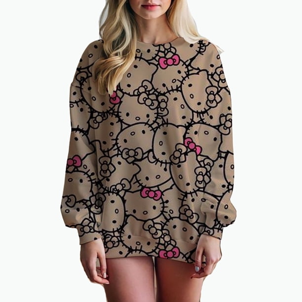 Sudadera con estampado de gran tamaño para mujer, sudadera holgada de estilo anime de otoño 2024, sudaderas con capucha de alta calidad con estampado de Hello Kitty para niña