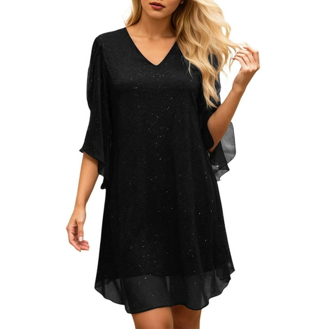 QHFBli Robe Mini Pailletée pour Femmes Col Montant Manches Cape Cocktail Scintillante Élégante Robes Invité de Mariage Soirée