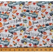 Cotton Pumpkins Autumn Leaves Farm Fresh Fall Trucks on Tan Cream Plaid Cotton Fabric Print by the Yard (77693-J370715)