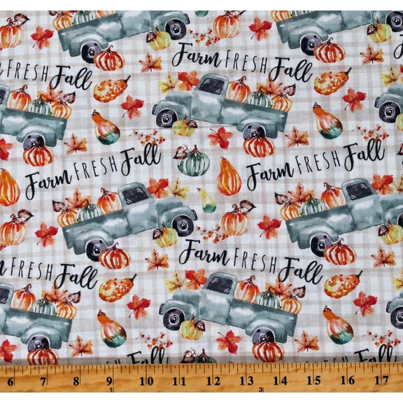 Cotton Pumpkins Autumn Leaves Farm Fresh Fall Trucks on Tan Cream Plaid Cotton Fabric Print by the Yard (77693-J370715)